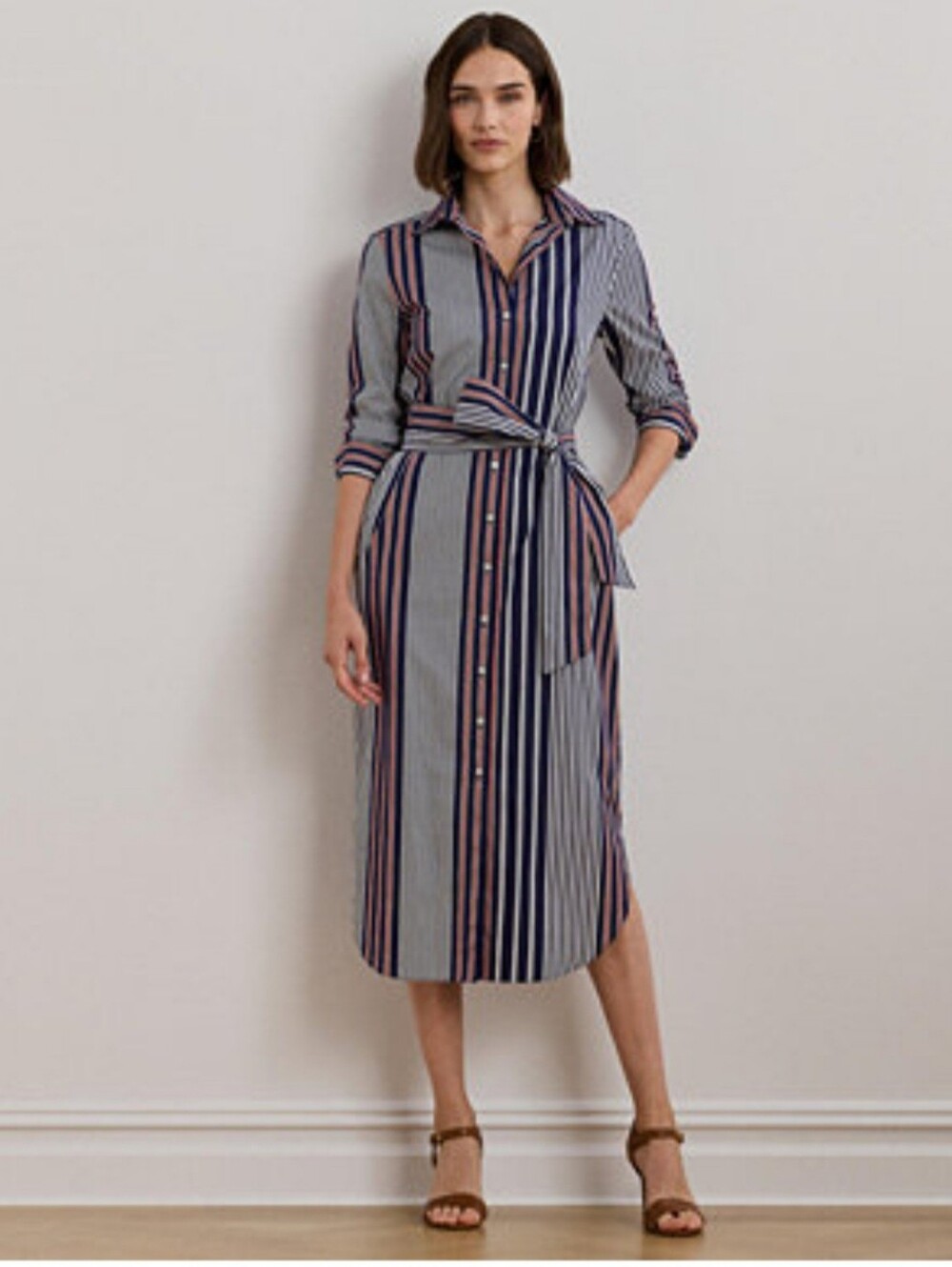 Ralph Lauren Striped Cotton Midi Shirt Dress in Navy and Pink Size 8 & 10 NWT